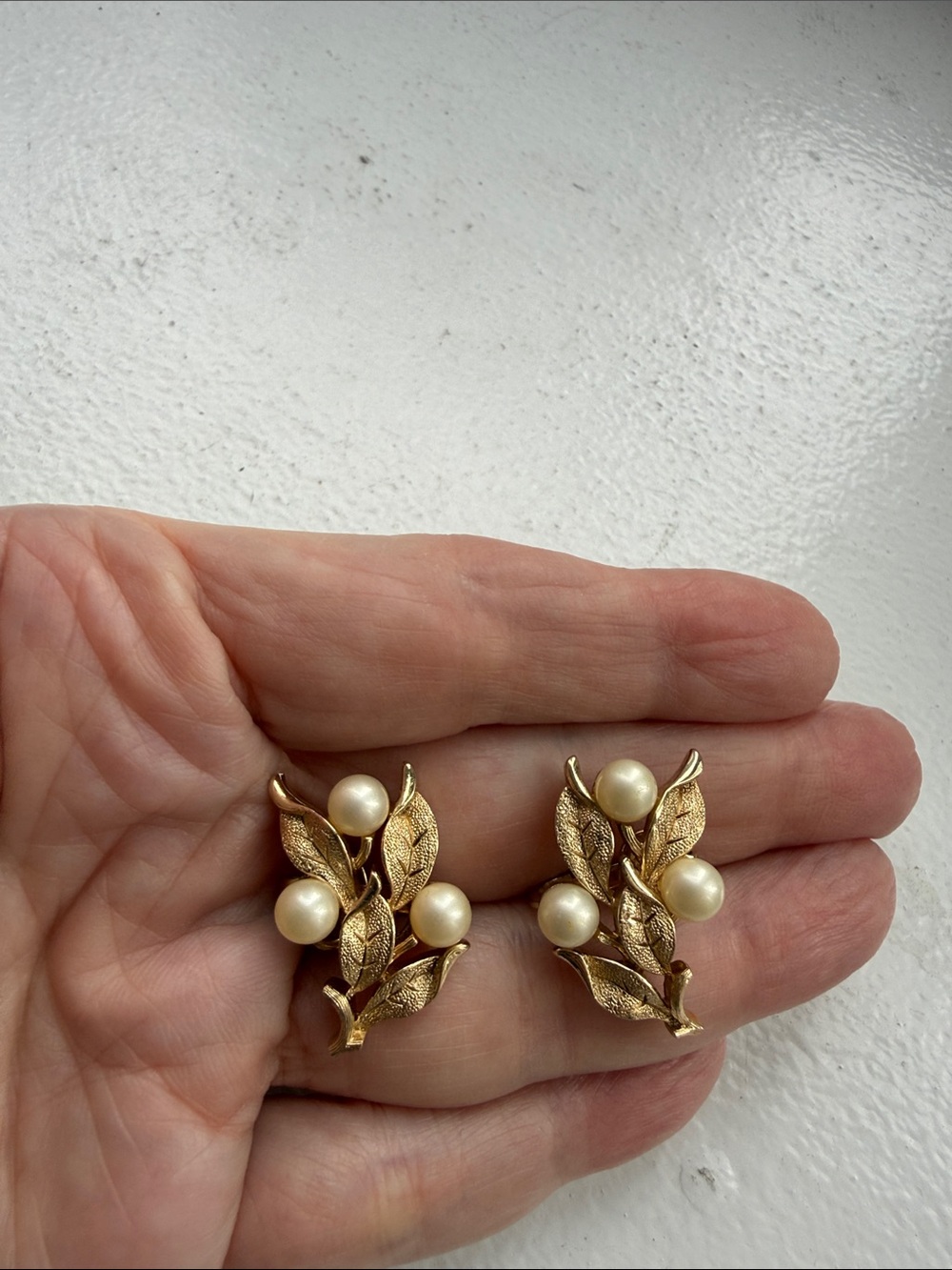 Vintage Signed Crown Trifari Brushed Gold Tone Leaf/Faux Pearl Clip On Earrings.